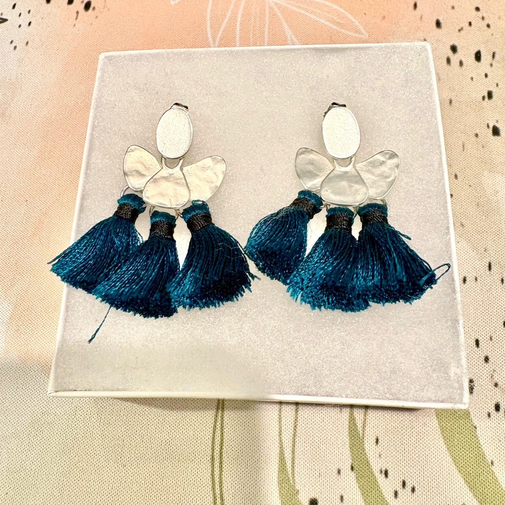 Silver and Teal Tassel Earrings